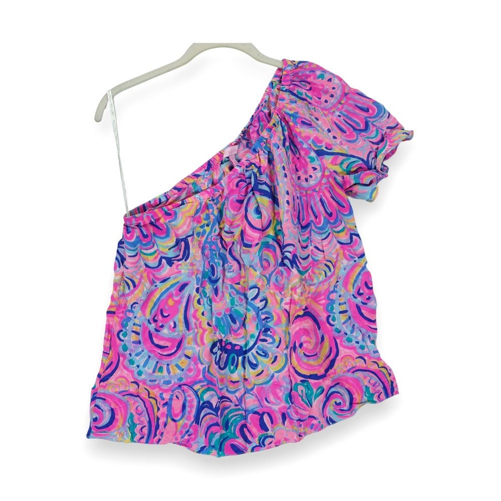 Lilly Pulitzer Fifer Silk Top One-Shoulder Psychedelic Sunshine Multicolor Small